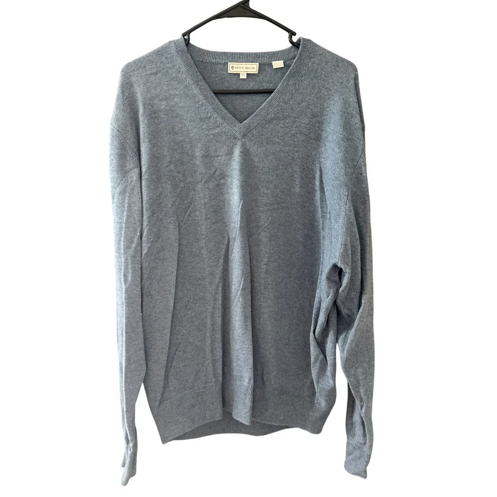 Peter Millar Mens XL V-Neck Sweater 100% Pure Cashmere Heather Blue Long Sleeve‎